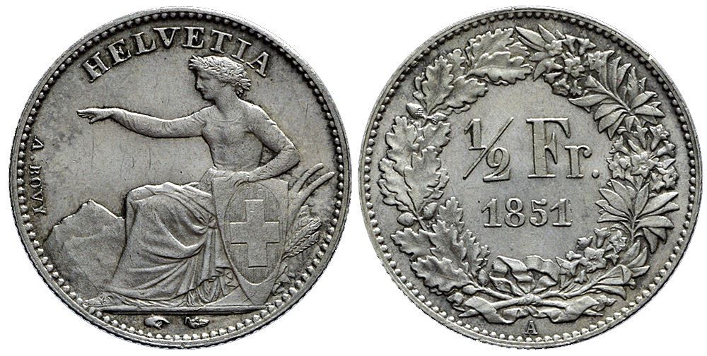 Tutti le monete: 1/2 Franken 1851 A (c) – Usato da Chiasso venduto da Novamarketing
