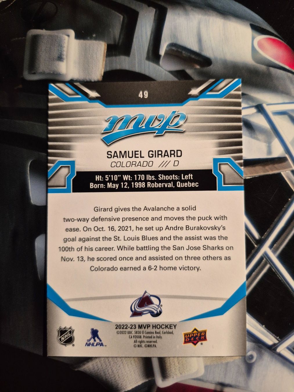 NHL Carte collezionabili: NHL Samuel Girard Colorado Avalanche – Usato da Treiten venduto da Sauber73 1