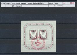 1945 "100 Jahre Basler Taube" - Gedenkblock, ET - Stempel