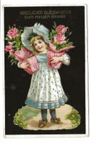 Neujahr - Herzlichen Glückwunsch - Mädchen Rosen Präge-Litho