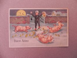 Karte Motiv Humor mit Schwein Sau 1950 Neujahr Kaminfeger