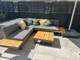 Ecksofa Loungemöbel mit Tisch Holz Metall grau guter Zustand