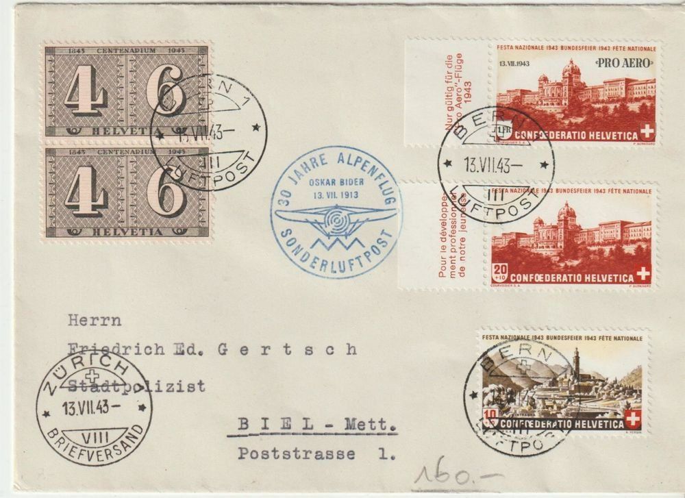 Tutti i francobolli: Sonderflugpost 1943, schöner Brief, Pro Aero – Usato da Niederwil SG venduto da kaseopeia
