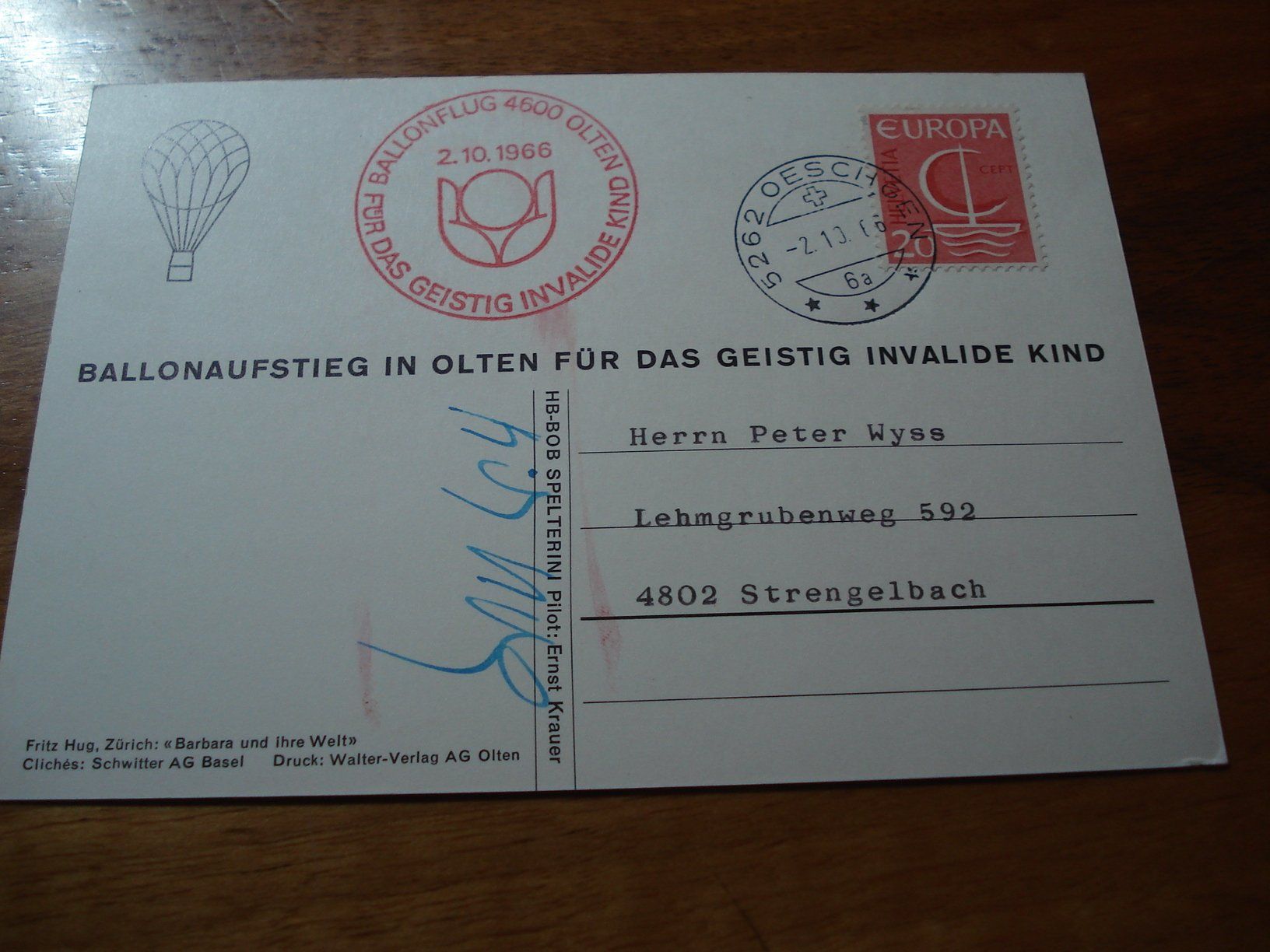 Tous les timbres: Ballonpostkarte 1966, Olten – D'occasion à Niederwil AG par morostahu
