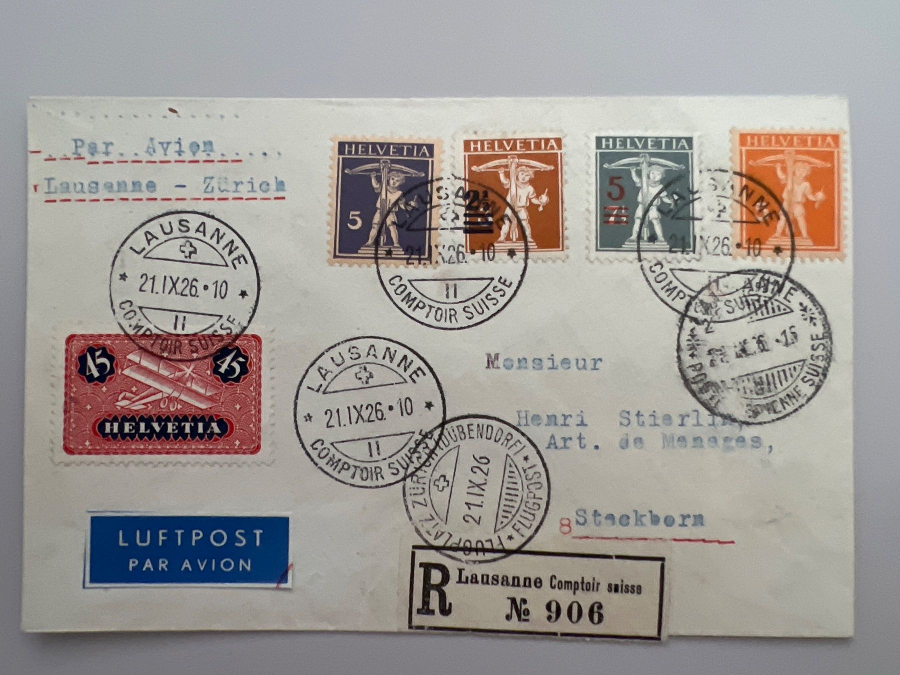 Tutti i francobolli: Flugpostbrief Comptair Lausanne 1926 CS7 – Usato da Buchrain venduto da wmm