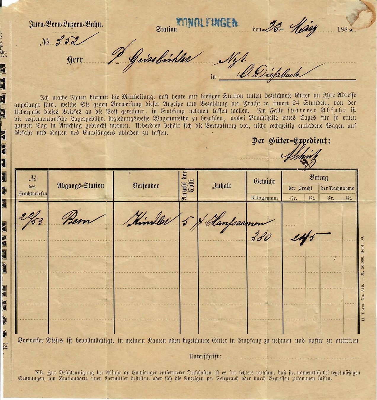 Tutti i francobolli: Brief 1881, Stalden - Konolfingen - Diessbach – Usato da Hochdorf venduto da Ziegel-16 1