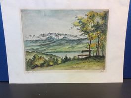 Radierung einer Berglandschaft, Glarner und Wägitaler Alpen