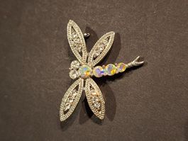 Brosche Libelle, Vintage, irrisierende Steine