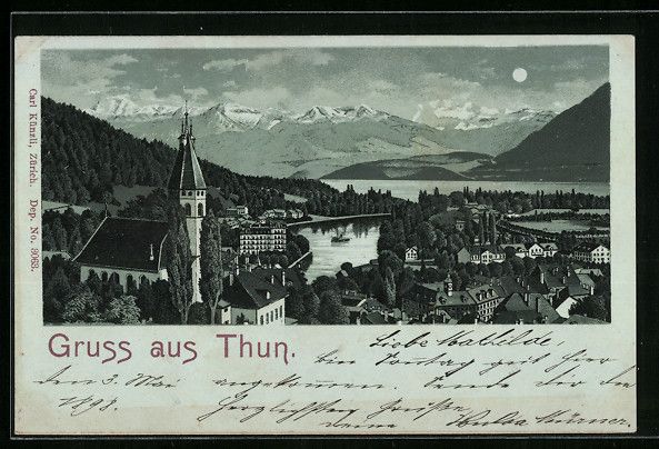 Ansichtskarten: Mondschein-Lithographie Thun, Ortsansich – Gebraucht aus Berlin von bartko-reher