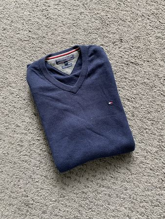 Pull Tommy Hilfiger bleu col en V coton cachemire M