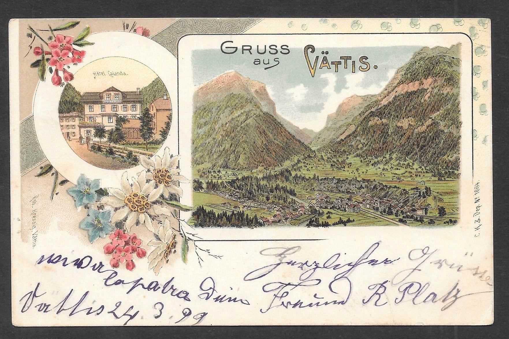 Cartoline postali: Vättis farbige Lithografie mit Hotel Calanda – Usato da Olten venduto da clotaldi