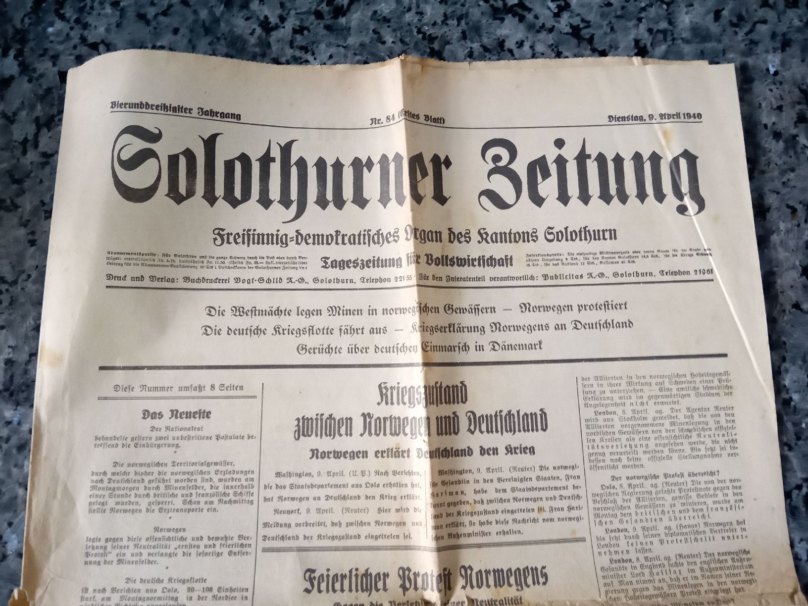 Riviste & Magazine: Solothurner Zeitung 9. April. 1940 – Usato da Hägendorf venduto da Yahuhu01