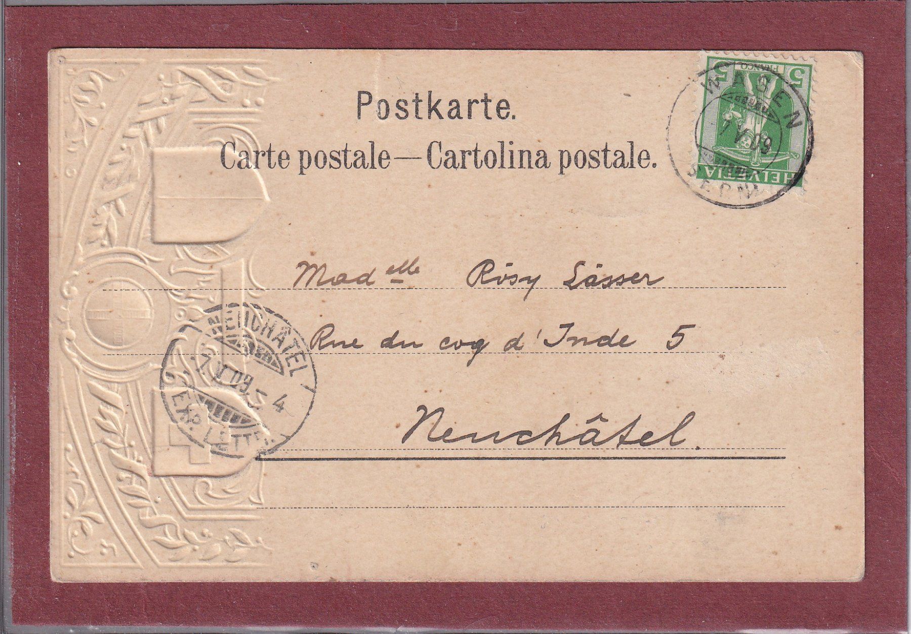 Cartoline postali: Lugano - carte gaufrée - 1909 – Usato da Orvin venduto da Pyaeschli 1