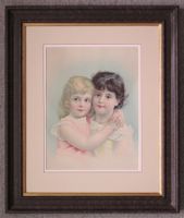 Bild Lithographie, 2 Mädchen, viktorianisch, Rahmen 63x75 cm