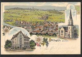 Adliswil farbige Lithografie 3 Bilder mit Hotel Bahnhof