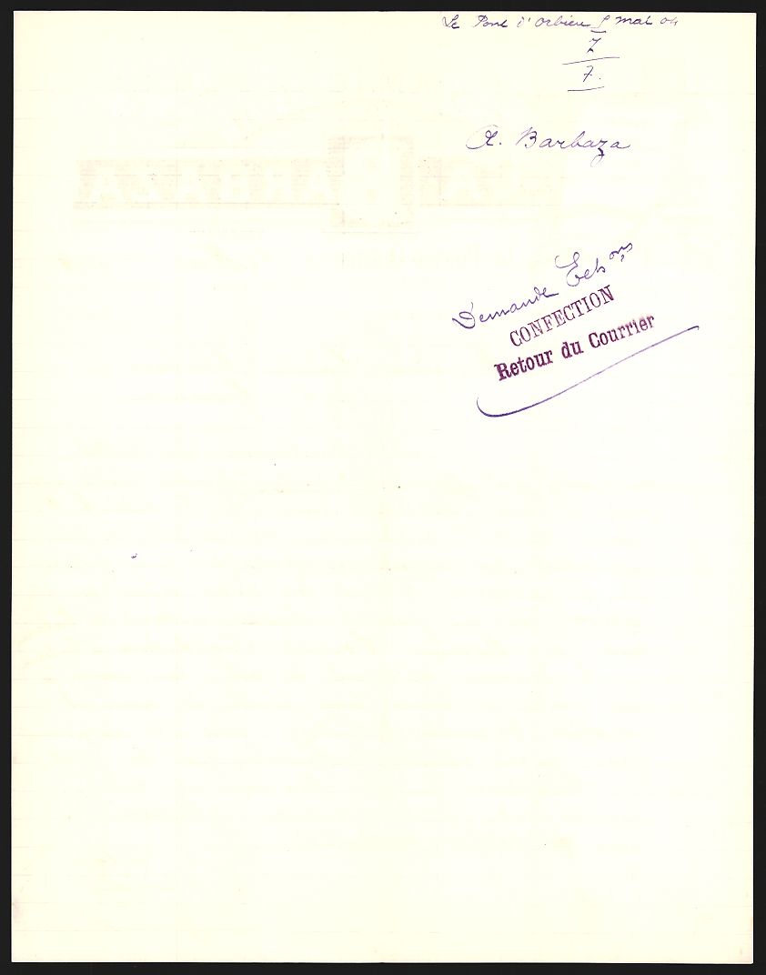 Sonstiges zum Sammeln & Seltenes: Rechnung Le Pont-d'Orbieu 1904, A. Barba – Gebraucht aus Berlin von bartko-reher 1
