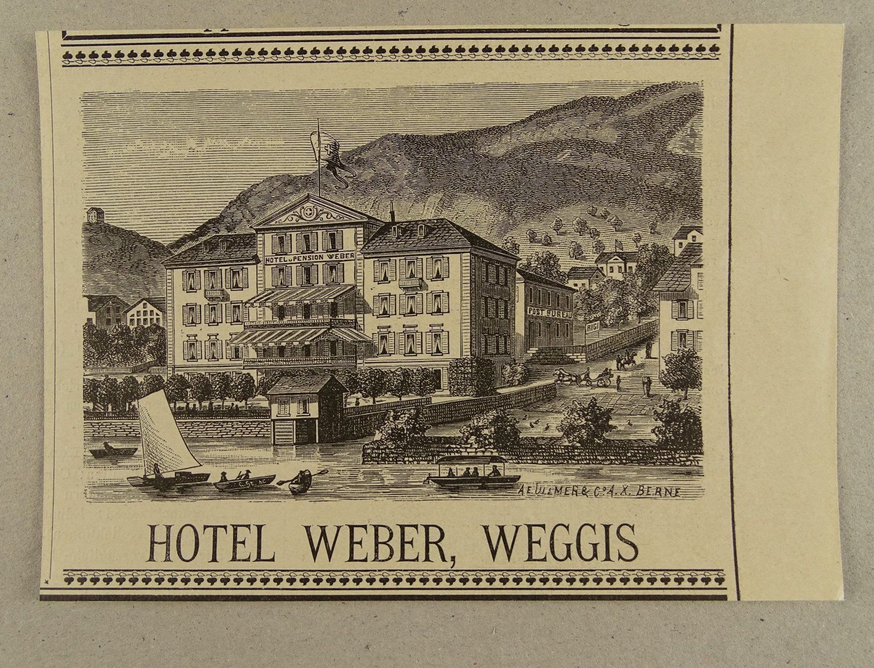 Incisioni: WEGGIS HOTEL WEBER HOLZSTICH 1883 – Usato da Grüningen venduto da Kartensammler 1