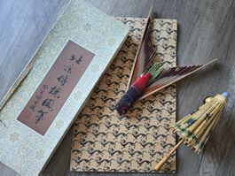 China Asiatika Drache Schirm Vogel Fischerleben vintage