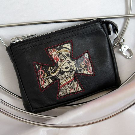 Portemonnaie aus schwarzem Leder mit Iron cross Damen Herren