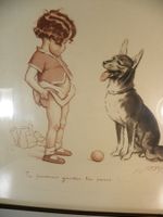 Alte wunderschöne Zeichnung mit kleinem Mädchen und Hund