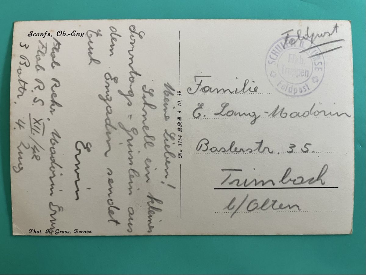 Cartoline postali: Ansichtskarte Scanfs Ober Engadin, Feldpost gelaufen – Usato da Bauma venduto da Baumer71 1