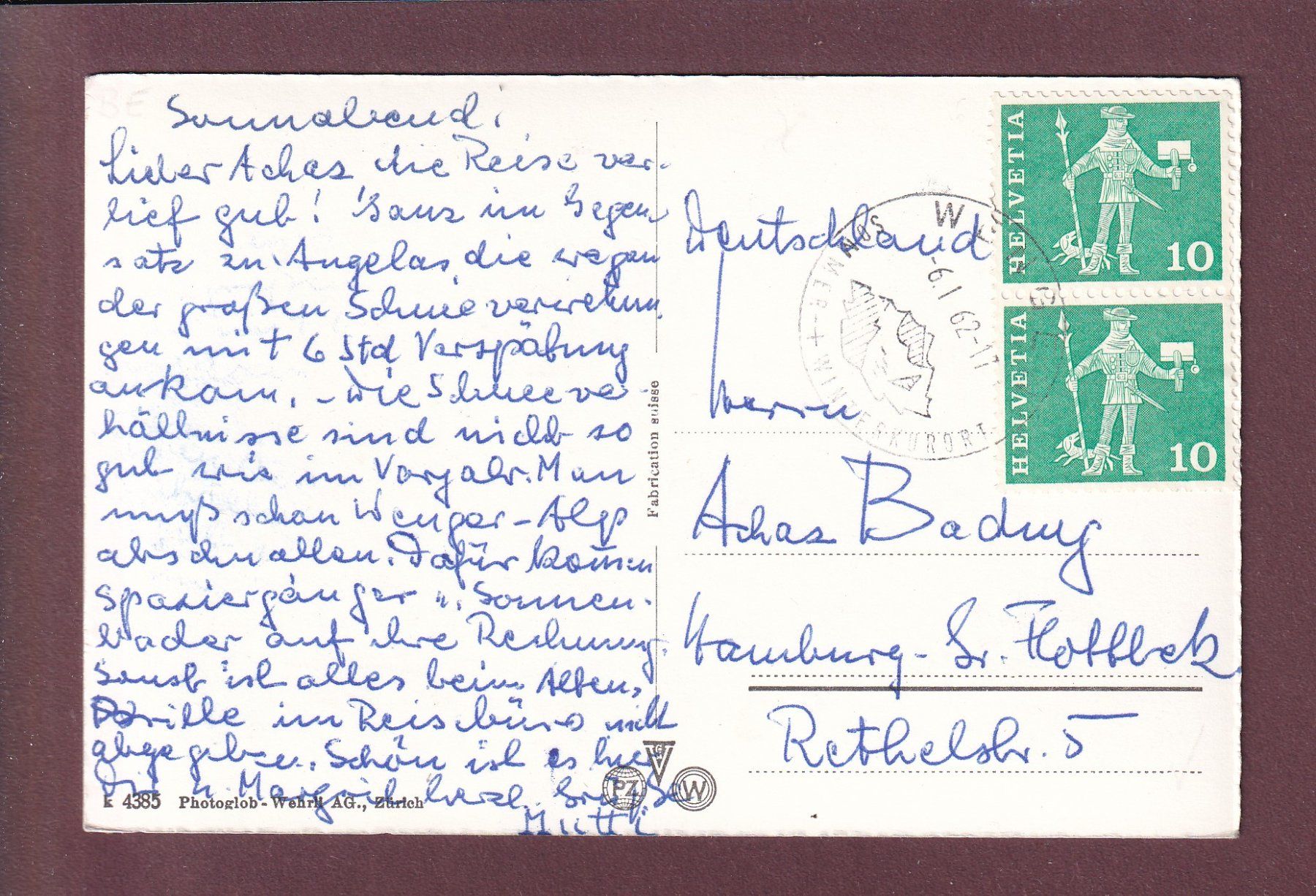 Cartoline postali: MÄNNLICHEN - Breithorn - Tschingelhorn - 1962 – Usato da Pully venduto da nicecards 1