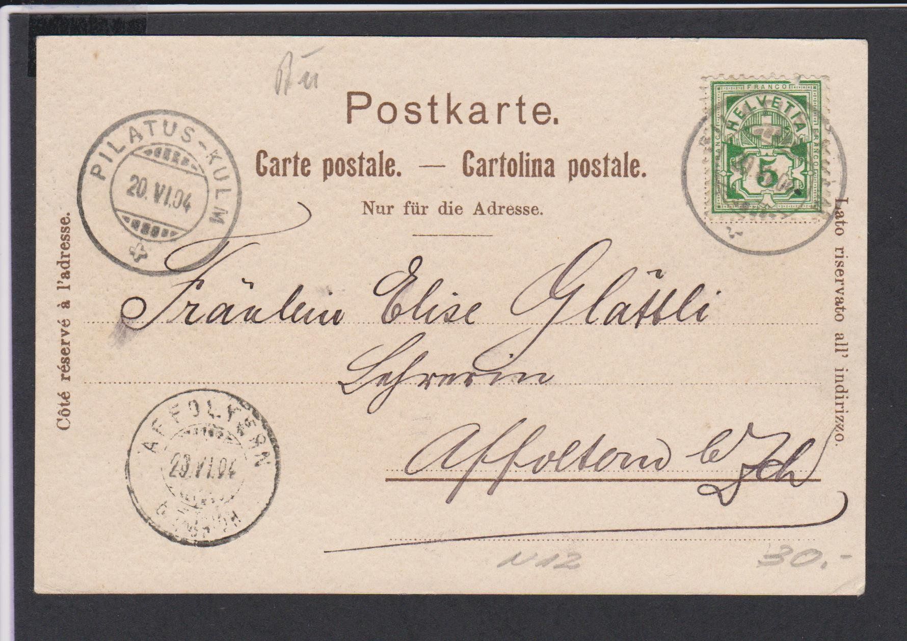 Ansichtskarten: Pilatus   -   alte Litho-Ansichtskarte von 1904 – Gebraucht aus Vitznau von Ropaku 1
