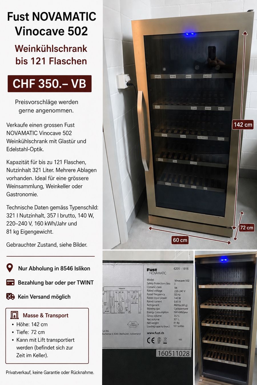 Novamatic Réfrigérateurs: Weinkühlschrank – D'occasion à Islikon par dsc_v9lh