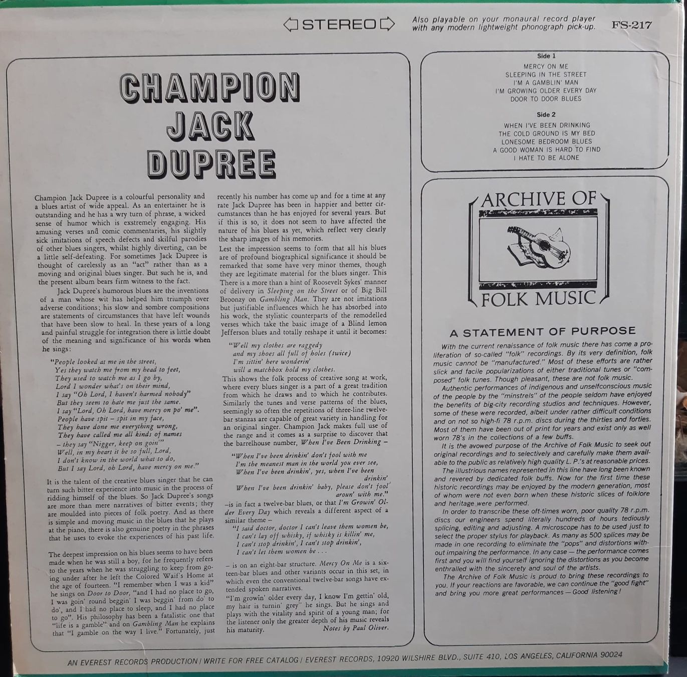 Dischi in vinile: CHAMPION JACK DUPREE: Same EVEREST: FS 217 – Usato da Frick venduto da kyb_yq8h 3