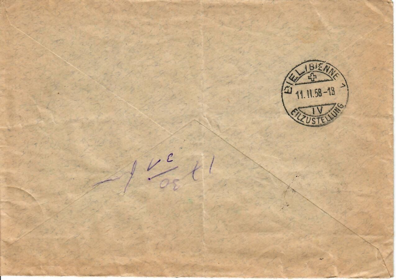 Alle Briefmarken: Expressbrief Italien - Biel 1958 – Gebraucht aus Hochdorf von Ziegel-16 1