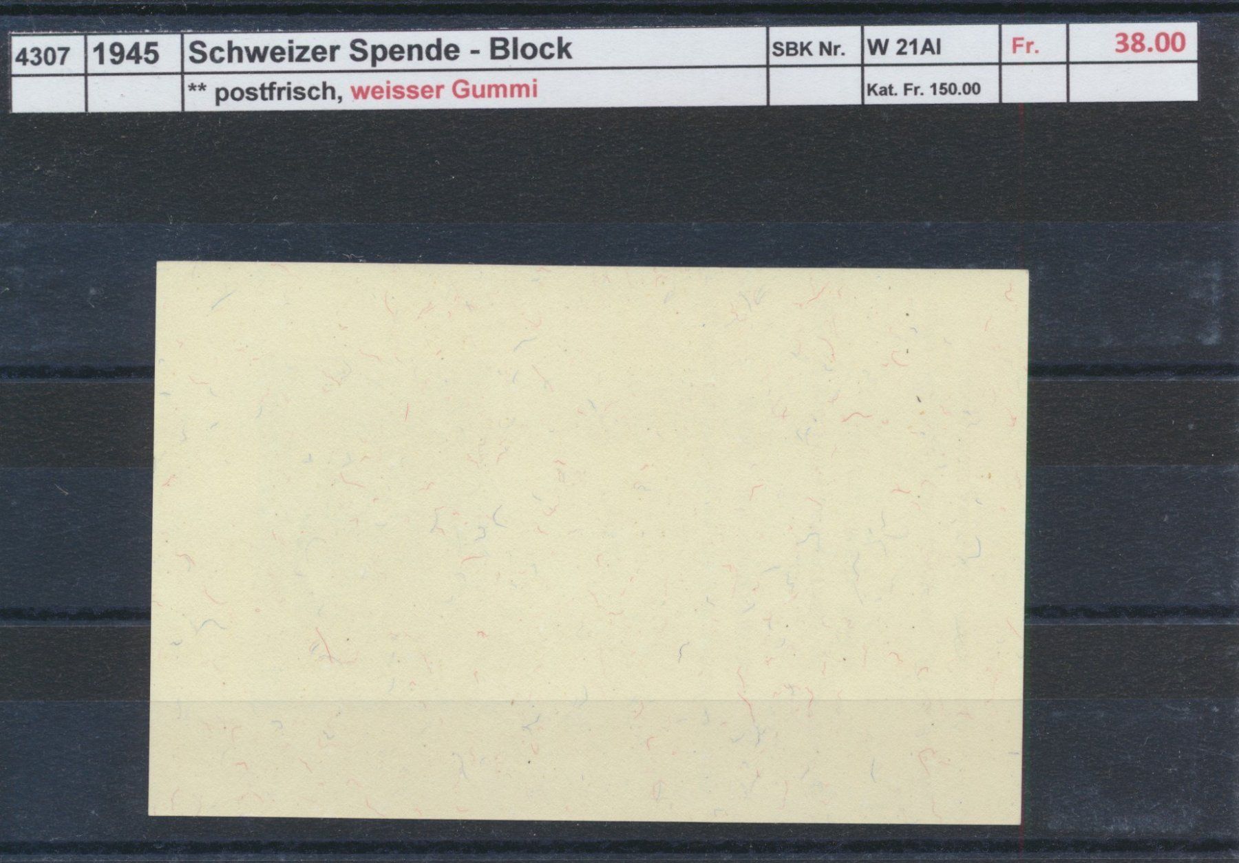 Tutti i francobolli: 1945 "Schweizer Spende"-Block, weisser Gummi, ** postfrisch – Nuovo (secondo la descrizione) da Winterthur venduto da Zupogeru 1