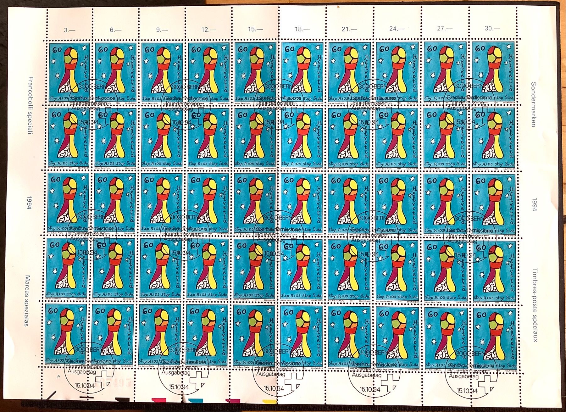 Tous les timbres: 1994 - Schweiz / Stop AIDS - Bogen ET – Neuf (Voir description) à Liestal par Skunk02