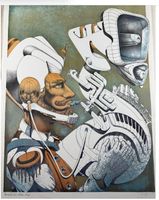 Grosse Lithographie – Futuristische Musikerfigur signiert