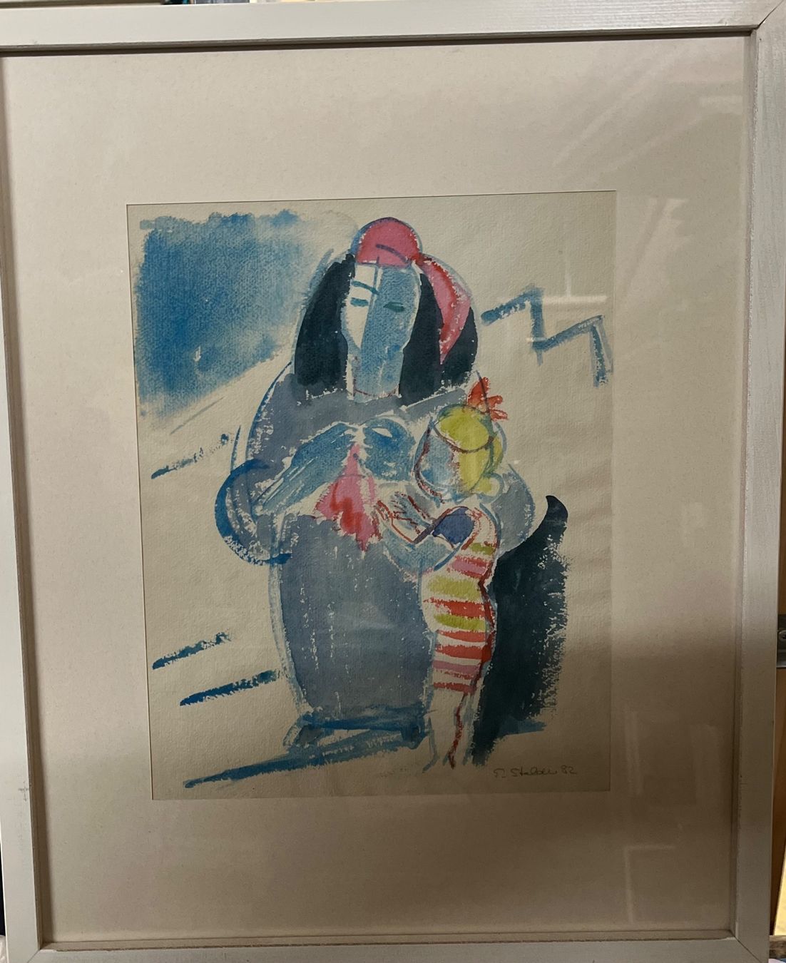 Gemälde: Abstrakte Mutter und Kind Aquarellmalerei, 1982 – Gebraucht aus Basel von PAUL_ART