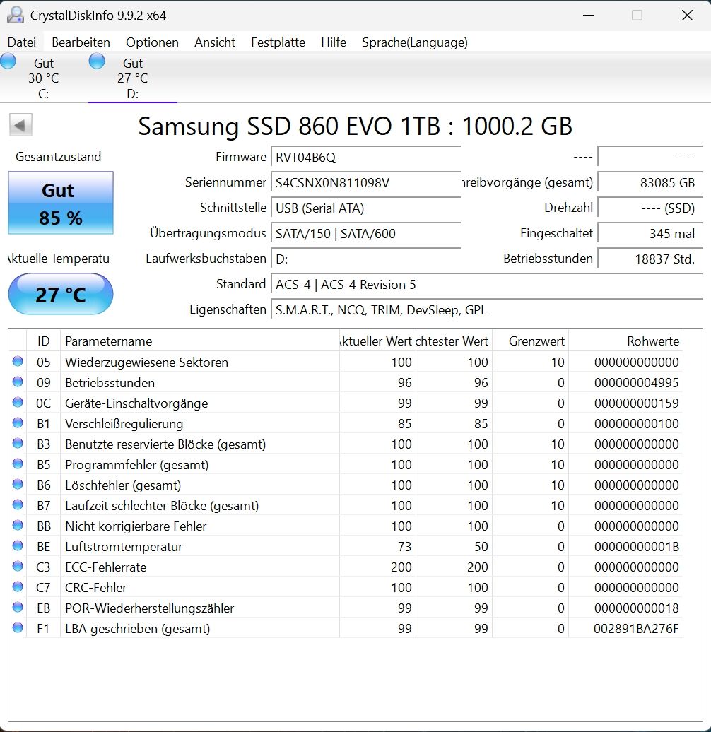 Samsung Disques durs: Samsung SSD 860 EVO 1TB – D'occasion à Lüterkofen par DAA33 2