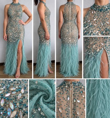 Abendkleid mit Federn und Steinen hellblau Grösse S neu