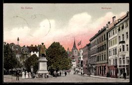AK St. Gallen, Marktplatz mit Standbild u. Türmen