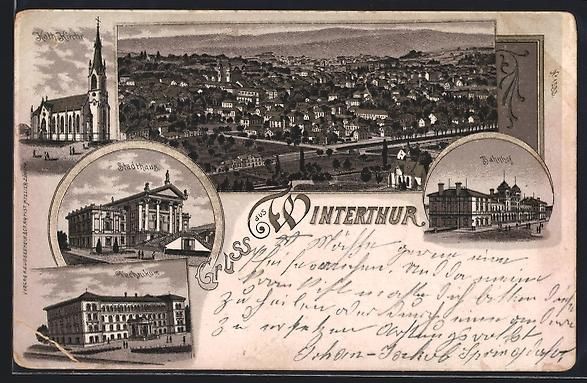 Cartoline postali: Litho Winterthur, Kath. Kirche, Bahnhof, – Usato da Berlin venduto da bartko-reher