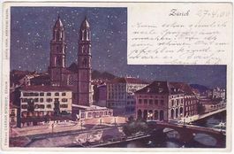 Zürich, Grossmünster bei Nacht, Litho, gelaufen 1900