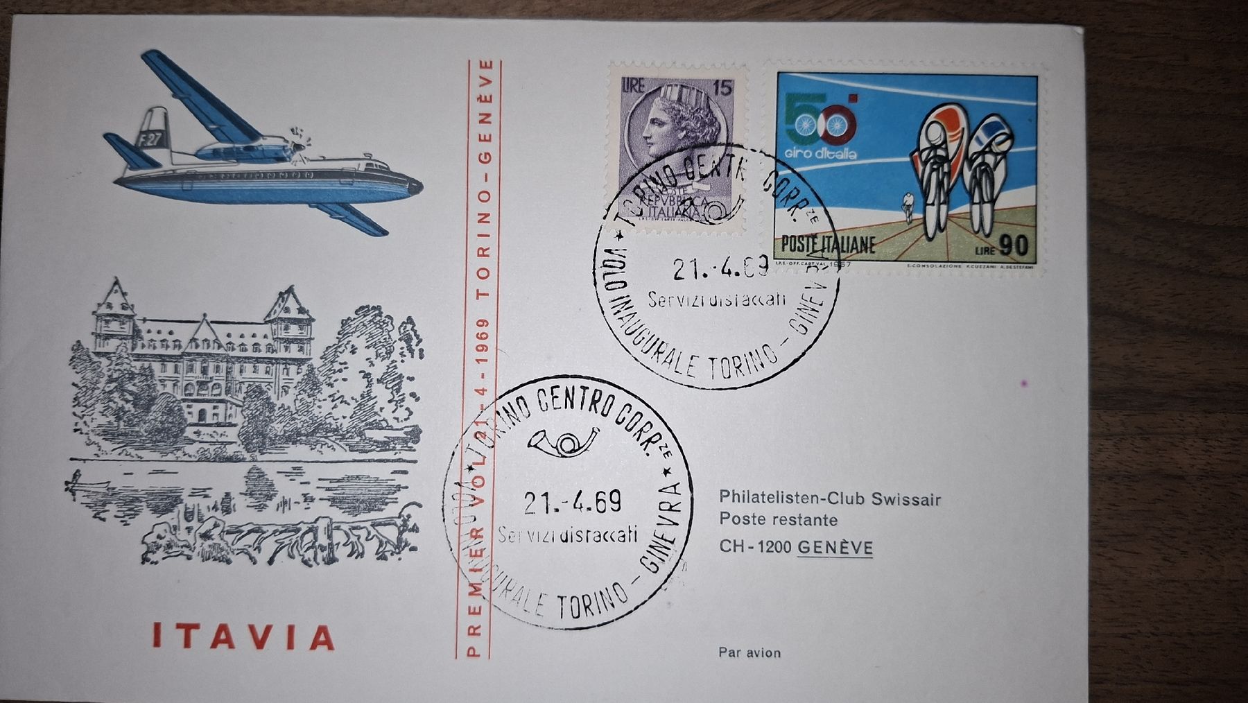 Tutti i francobolli: Itavia Torino - Geneve 21.04.1969 – Usato da Balgach venduto da SIMEON27