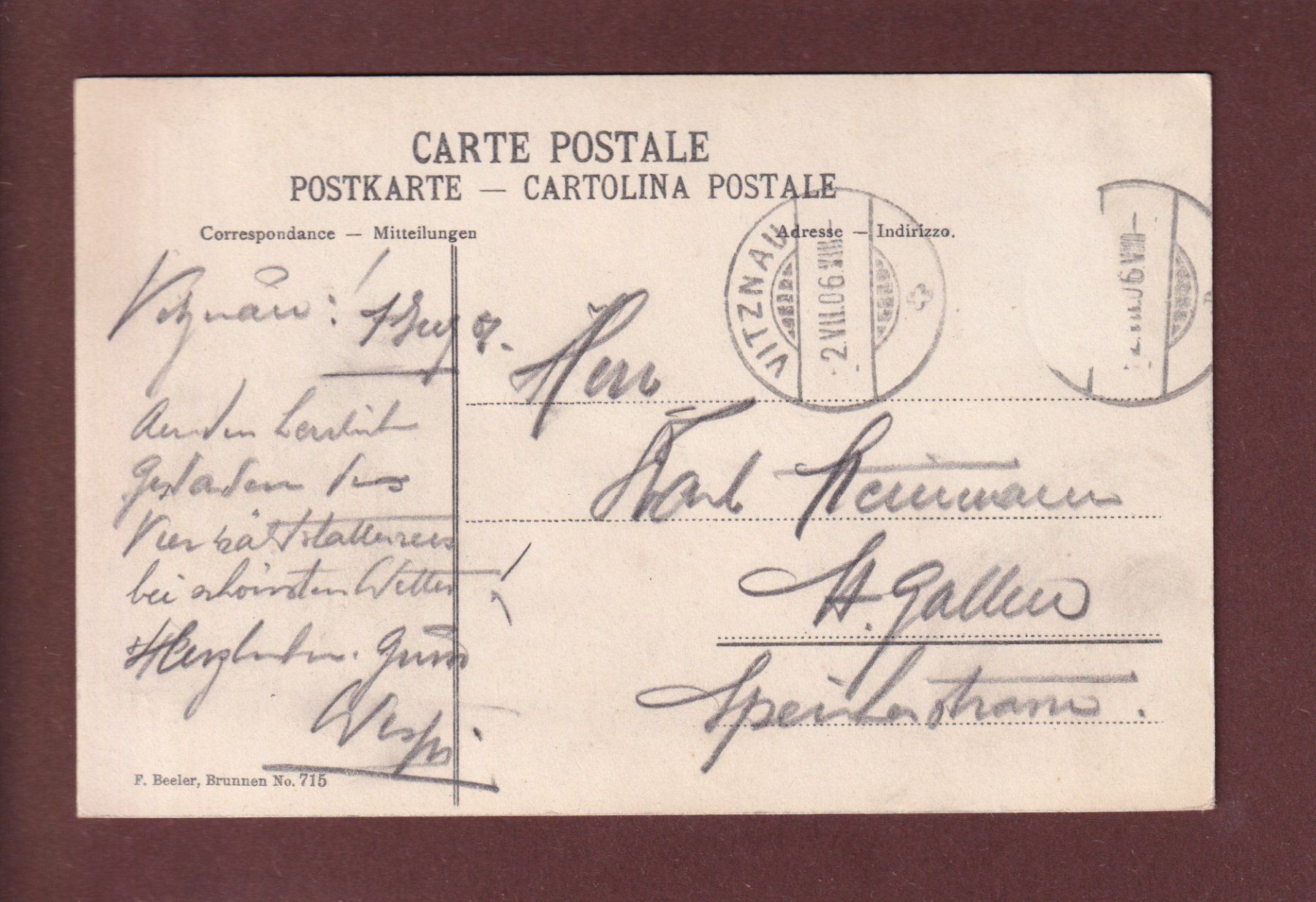 Cartoline postali: VITZNAU - 1906 – Usato da Pully venduto da nicecards 1