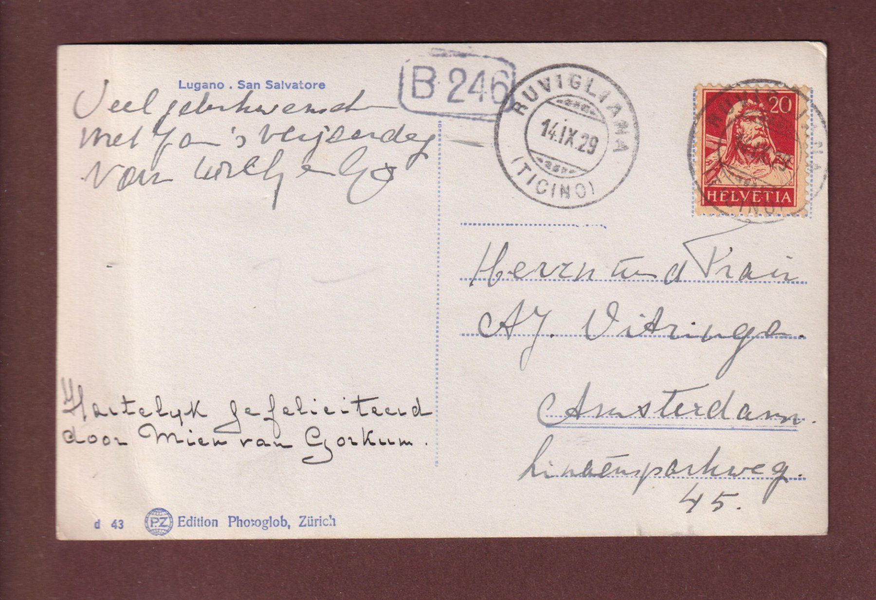 Cartoline postali: LUGANO e San Salvatore - 1929 // pli // – Usato da Pully venduto da nicecards 1
