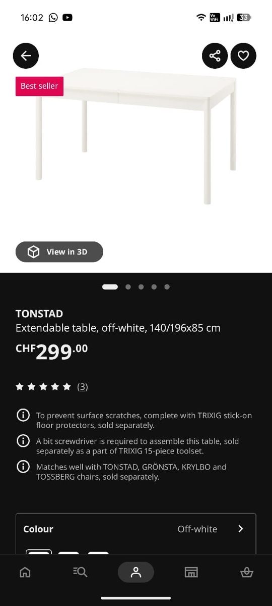 Set de table et chaises: TONSTAD Extendable Table 140/196x85 cm White – Neuf (Voir description) à Schwerzenbach par Thia 3