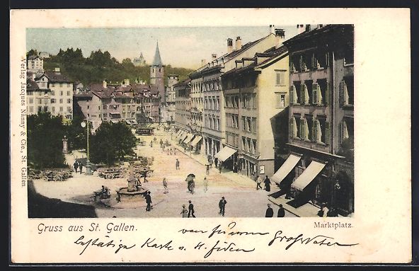 Cartoline postali: AK St. Gallen, Marktplatz mit Brunnen – Usato da Berlin venduto da bartko-reher