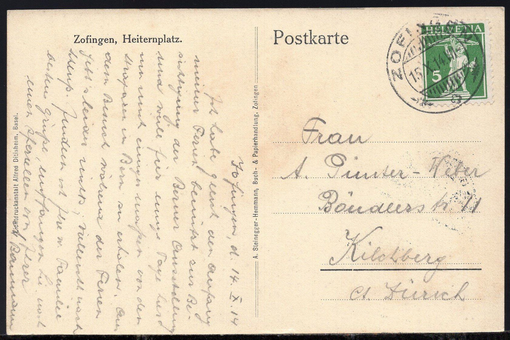 Cartoline postali: Zofingen  Heiternplatz   1914 – Usato da Aarau venduto da kufi44 1