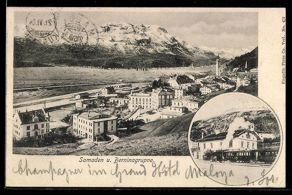 Cartoline postali: Samaden, Ortsansicht und Berninagruppe,  – Usato da Berlin venduto da bartko-reher