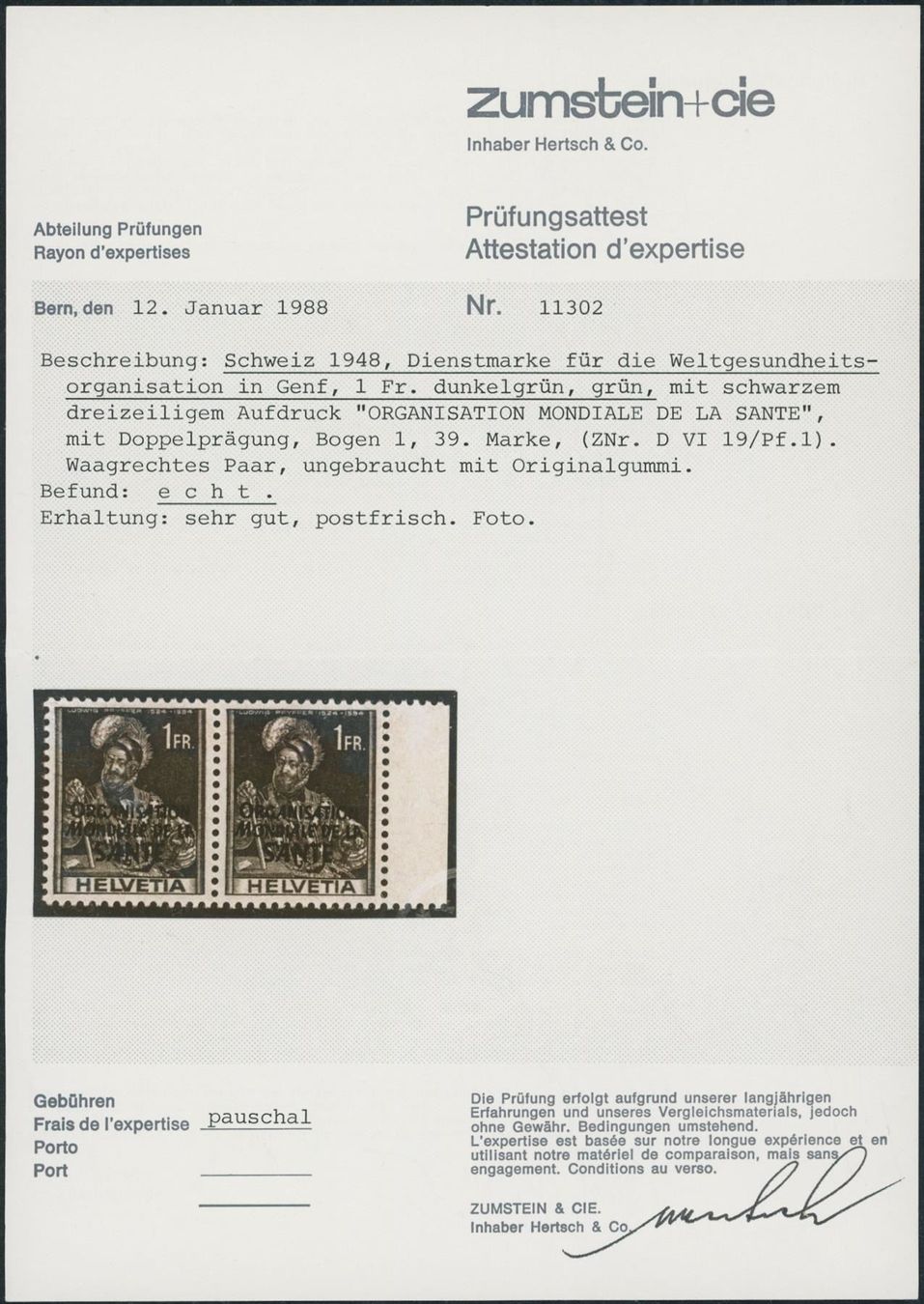 Tutti i francobolli: 1950 - OMS - Hist. Bild - Abart – Usato da Schindellegi venduto da leecollect 2