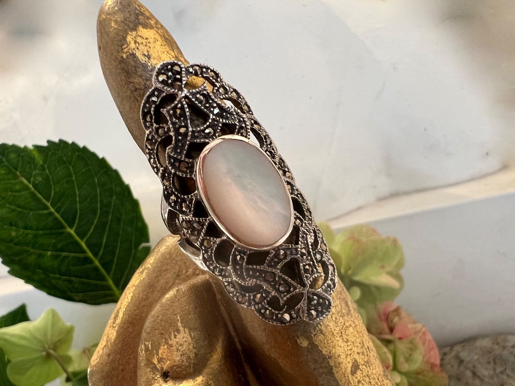 Anelli: Ring Art Deco Stil 925 Silber Markasiten und Perlmutter 57 – Nuovo (secondo la descrizione) da Bern venduto da Jiffy 2