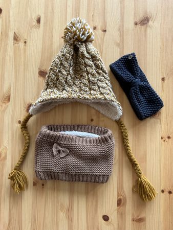 Winter Set: Mütze, Schal, Stirnband, Mädchen Gr. ca. 110/116