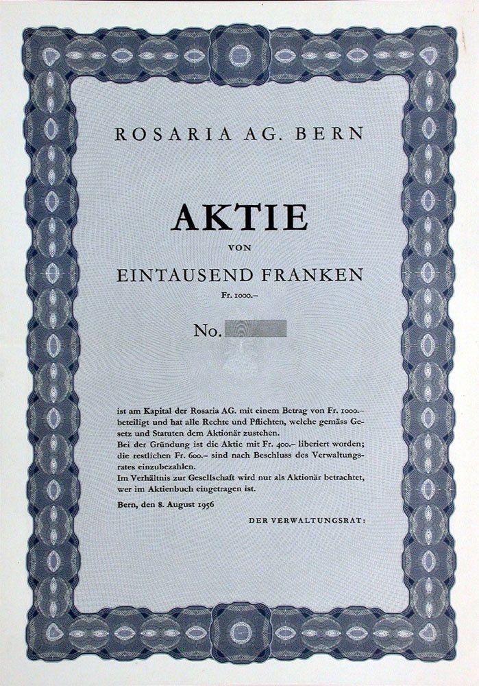 Dokumente: Rosaria AG Bern - 1956 – Gebraucht aus Solothurn von Sgasche